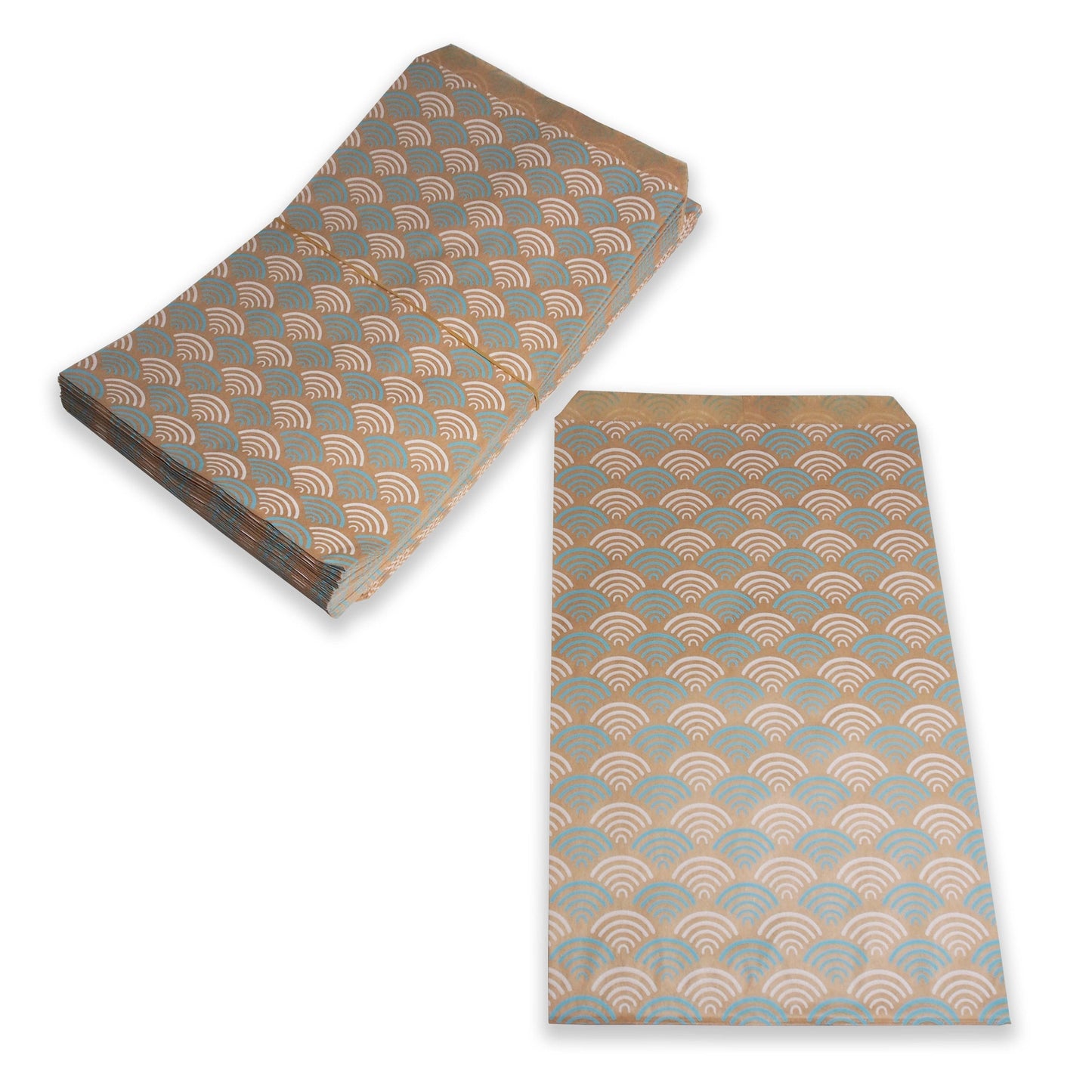 N'icePackaging - Decorative Flat Paper Gift Bags - Baby-Blue Fan Pattern on Brown Kraft Bags - 20/50 / 100/200 / 300 Qty