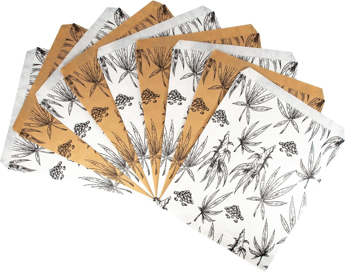 50 Bags of our Cannabis Leaf Print Flat Merchandise Bags, 100% Recyclable and Biodegradable, White or Brown Kraft Paper Bags for Gifts, Brownies, Cookie, and so much more.… (Brown, 6" x 9")