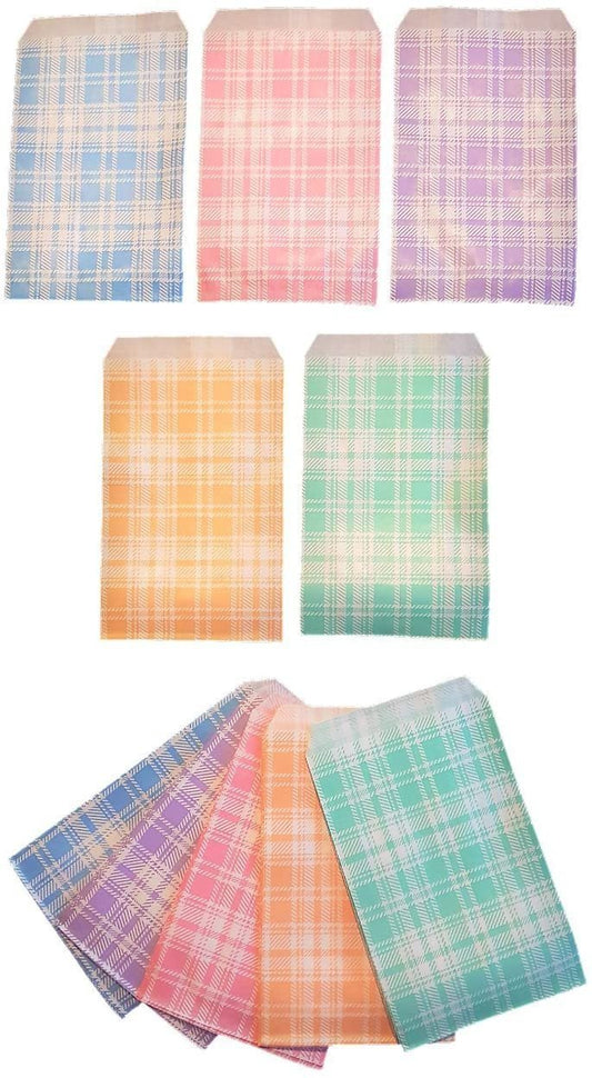 50 Bags Flat Plain Paper or Patterned Bags for candy, cookies, merchandise, pens, Party favors, Gift bags 5" x 7", Mixed Plaid