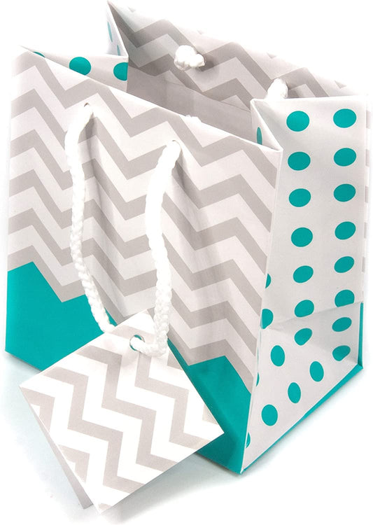 10 Bags Turquoise Polka-Dot/Chevron Paper Tote Gift Bags – For Birthdays/Holidays/Parties/Gifts/Sales/Showers/Special Occasions – 4 Sizes