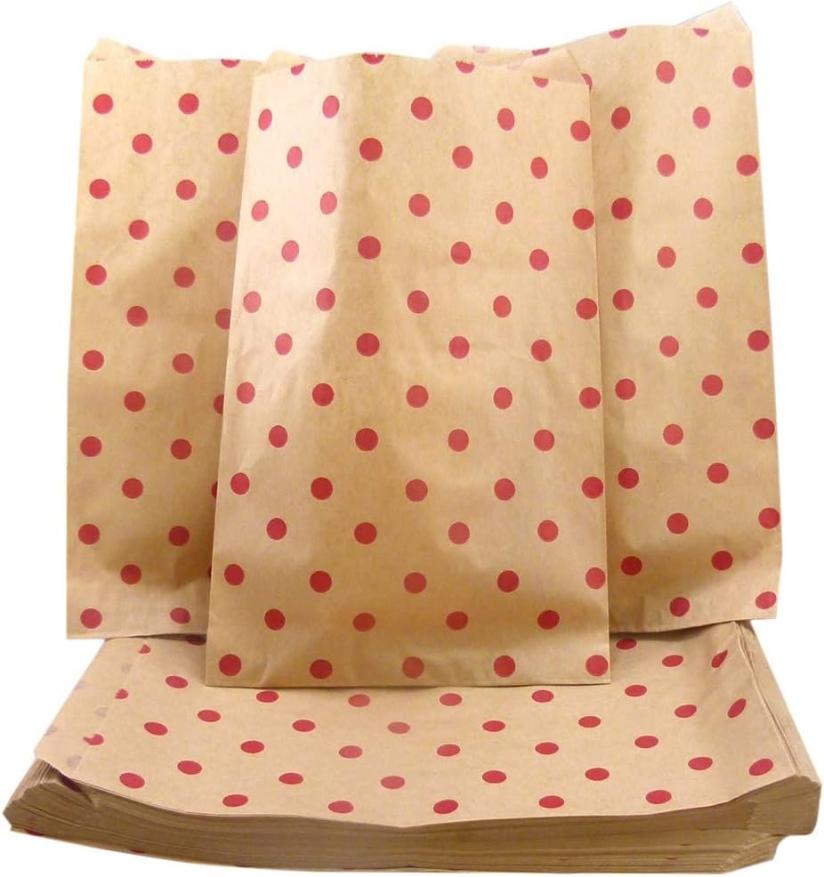 100 Qty 4" x 6" Decorative Flat Paper Gift Bags - Red Polka-Dot on Brown Kraft Bags