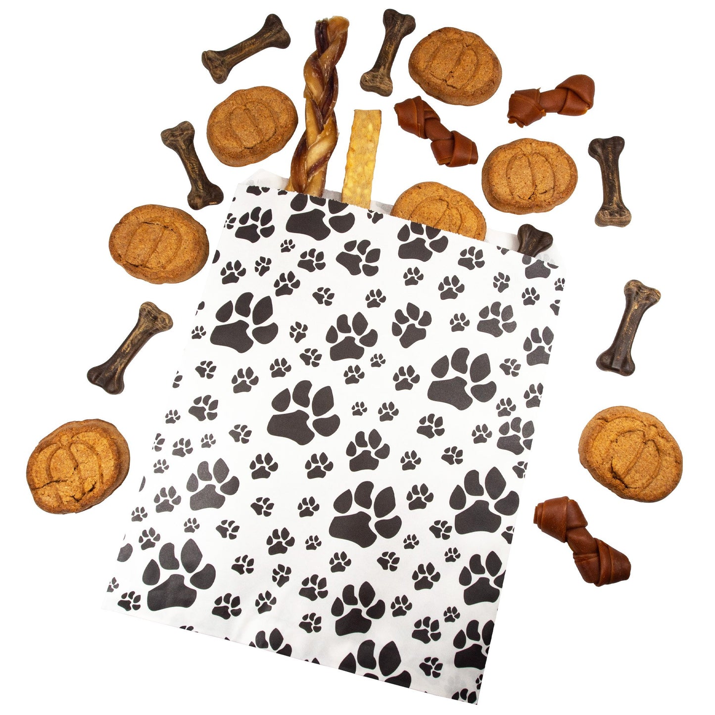 100 Quantity 8.5” x 11” Flat White Paper with Paw Patterns Decorative Bags - for Sales Merchandise/Candy/Cookies/Party Favors/Pens/Gifts.