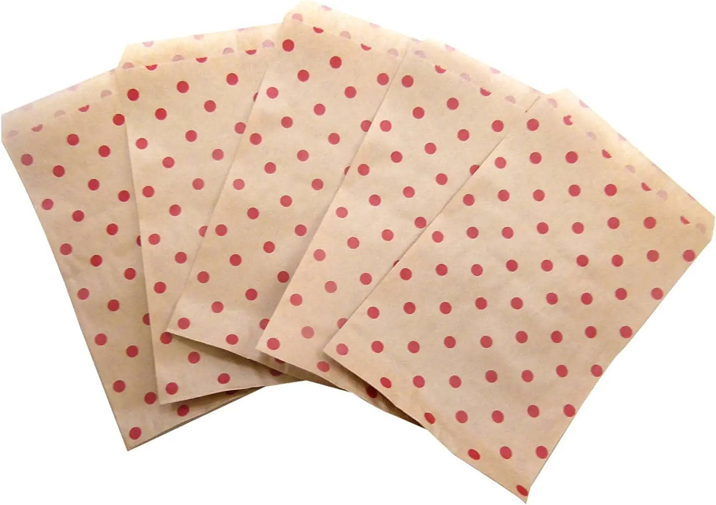 20 Qty Decorative Flat Paper Gift Bags - Red Polka-Dot on Brown Kraft Bags