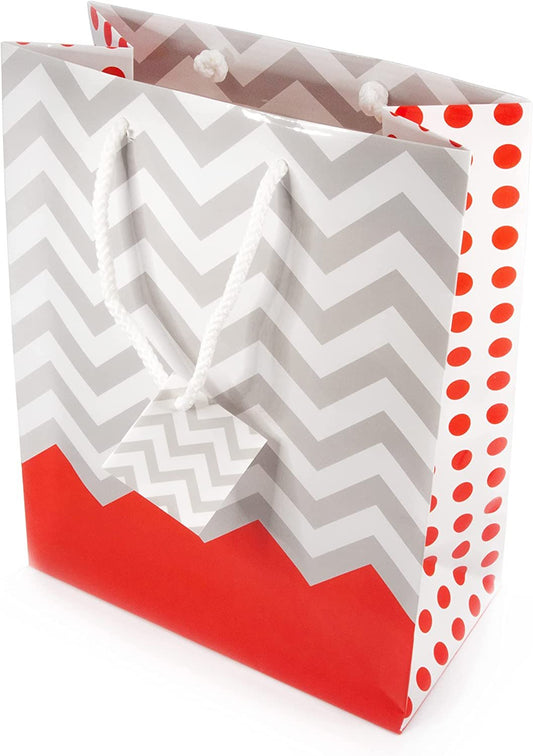 10 Bags Coral Polka-Dot/Chevron Paper Tote Gift Bags.