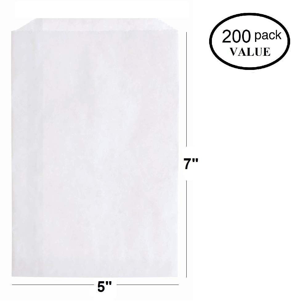 200 Qty 5" x 7" Decorative Flat Paper Gift Bags - Plain White Kraft Bags - for Sales/Treats/Parties Cookies/Gifts - N'icePackaging