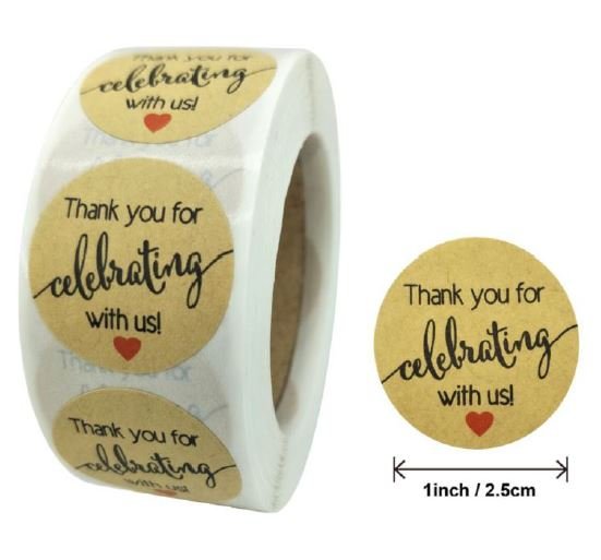 500 Qty – 1 inch – Kraft w/Black Print and Red Heart Thank You for Celebrating with Us Stickers/Sealers