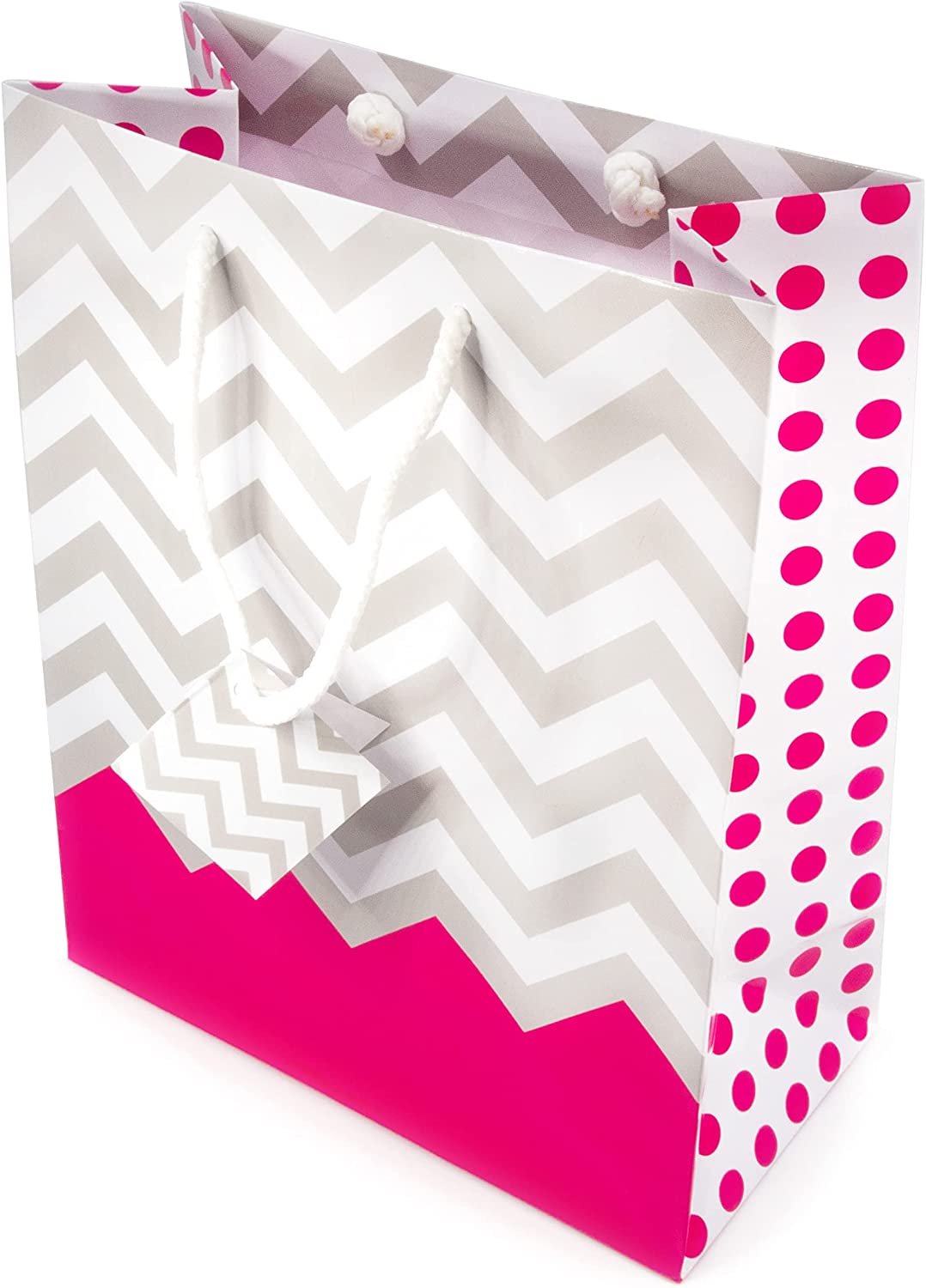 10 Qty – Pink Polka-Dot/Chevron Paper Tote Gift Bags