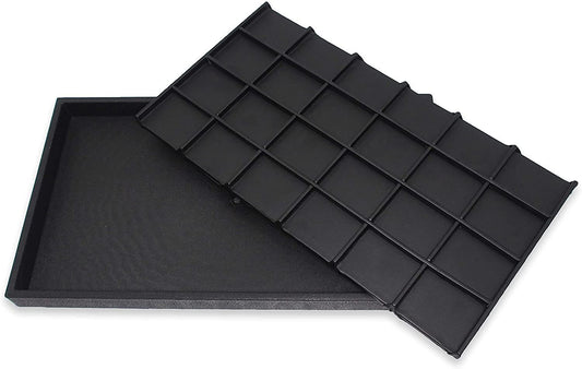 N'icePackaging  24 Compartment Black Leatherette Sorting Tray with Free-standing Black Plastic Display Tray  For Sales / Showcase / Home / Store Use - 14.75" x 8.25" x 1"