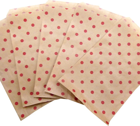 20 Qty Decorative Flat Paper Gift Bags - Red Polka-Dot on Brown Kraft Bags