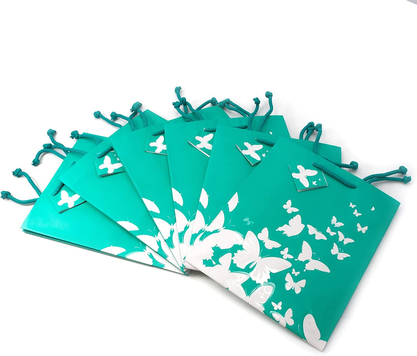 N’icePackaging – 10 Qty – Teal-Green w/White Butterfly Print Paper Tote Gift Bags – For Birthdays/Holidays/Parties/Gifts/Sales/Showers/Special Occasions – 4 Sizes