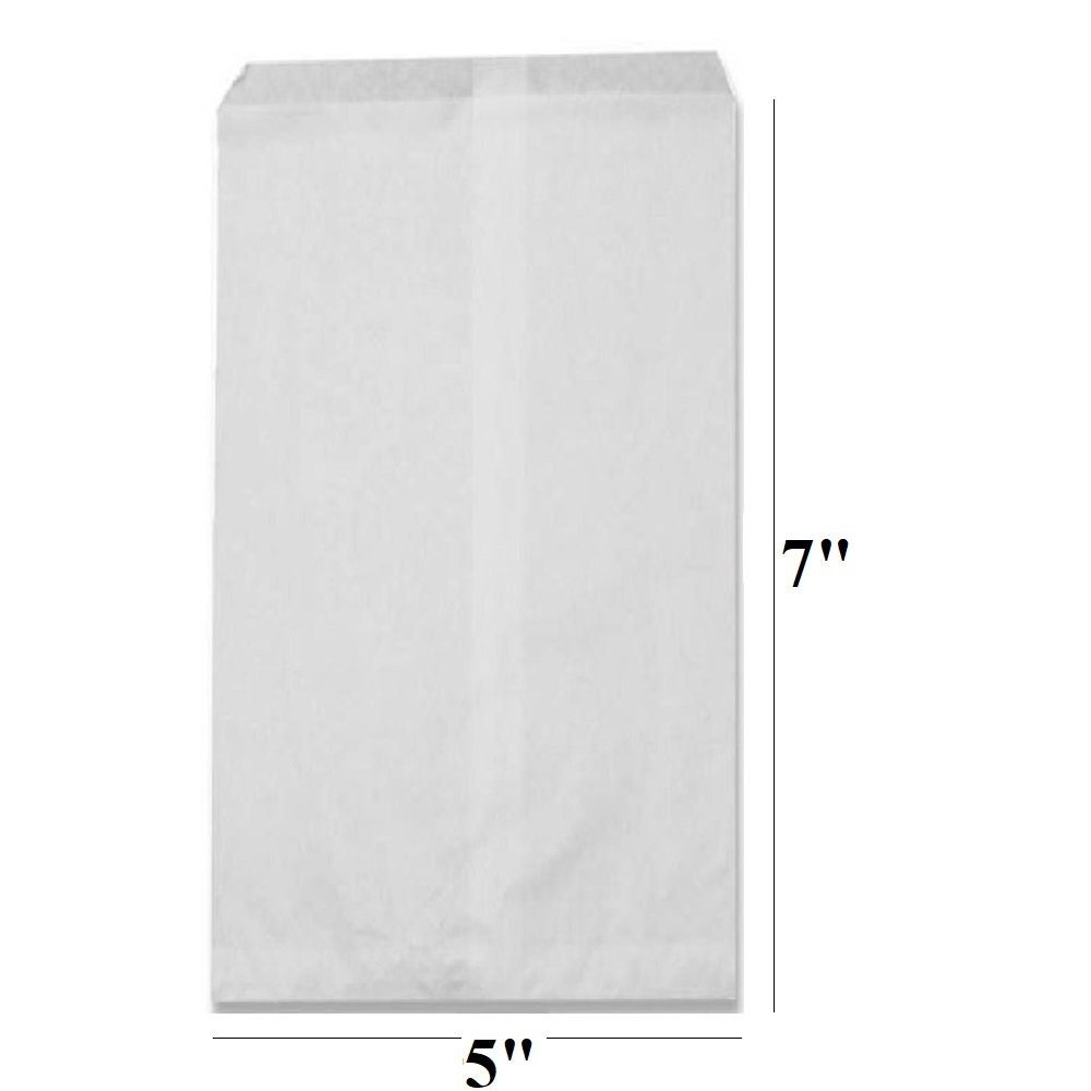 50 Bags Flat Plain Paper or Patterned Bags for candy, cookies, merchandise, pens, Party favors, Gift bags (5" x 7", Plain White)