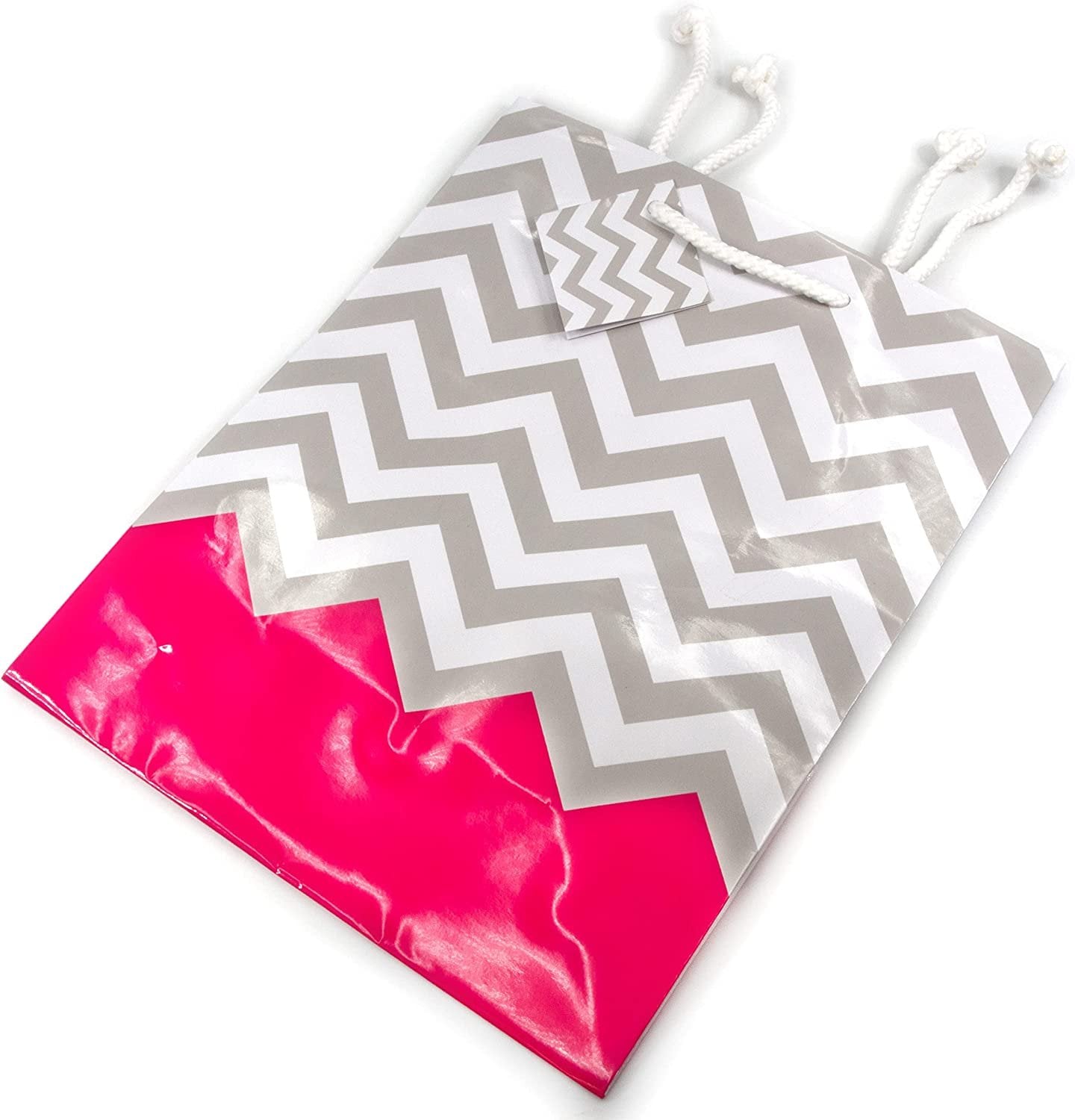 10 Qty – Pink Polka-Dot/Chevron Paper Tote Gift Bags