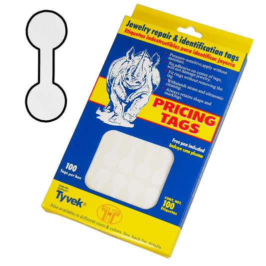 100 Qty - Tyvek dumbbell Jewelry Price Tags for pricing and identification.