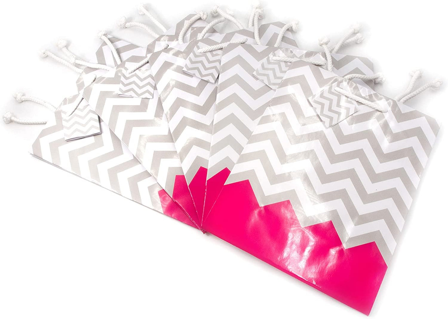 10 Qty – Pink Polka-Dot/Chevron Paper Tote Gift Bags