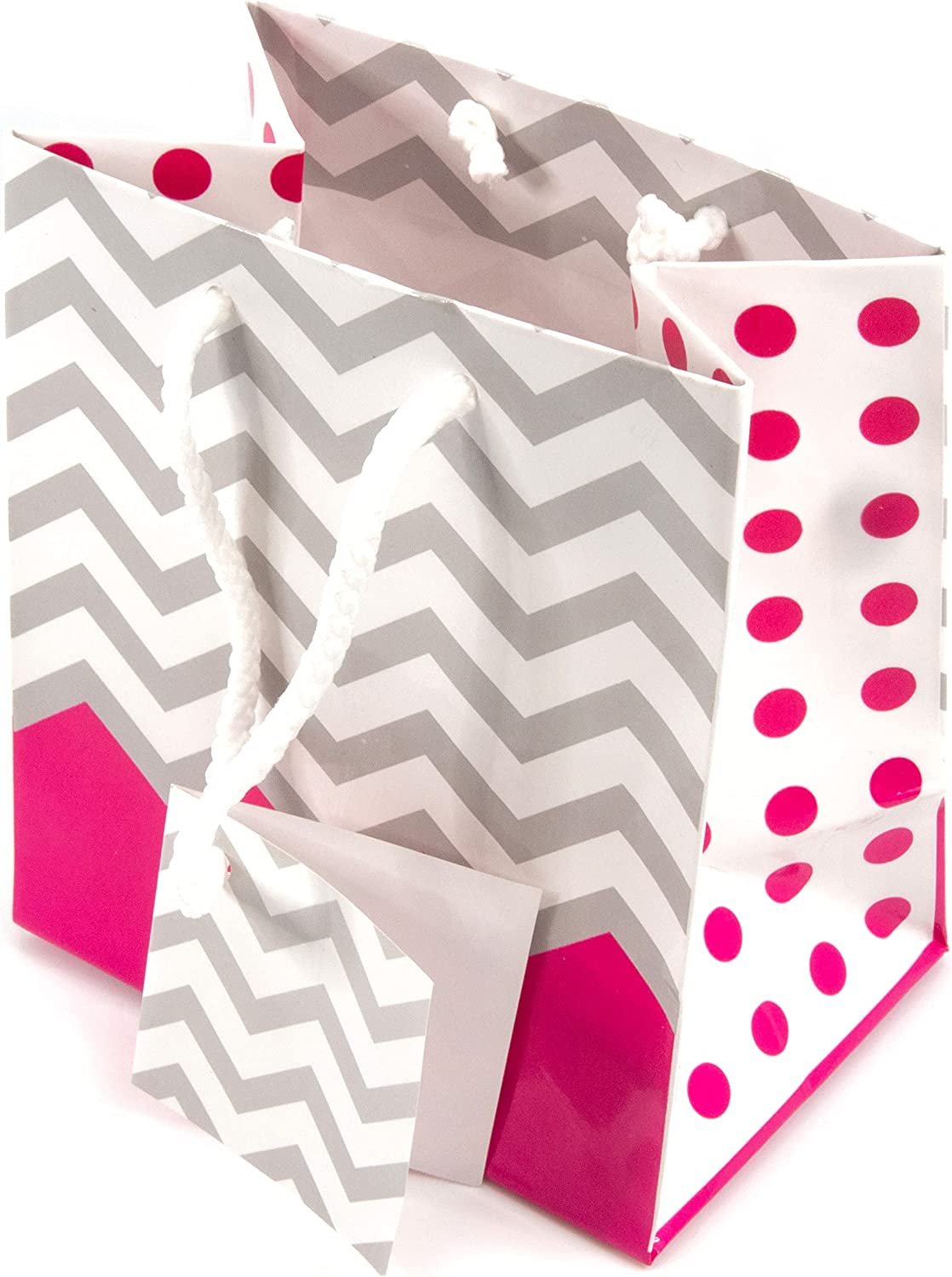 10 Qty – Pink Polka-Dot/Chevron Paper Tote Gift Bags