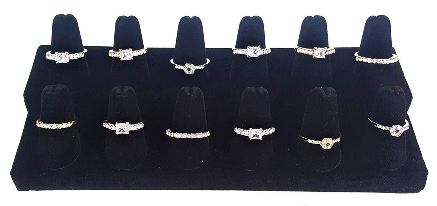 Showcase Finger Ring Display Finger Multi-Ring Jewelry Stand (Black Velvet, 12 Finger (8.25"x3.25"x2.25"H))