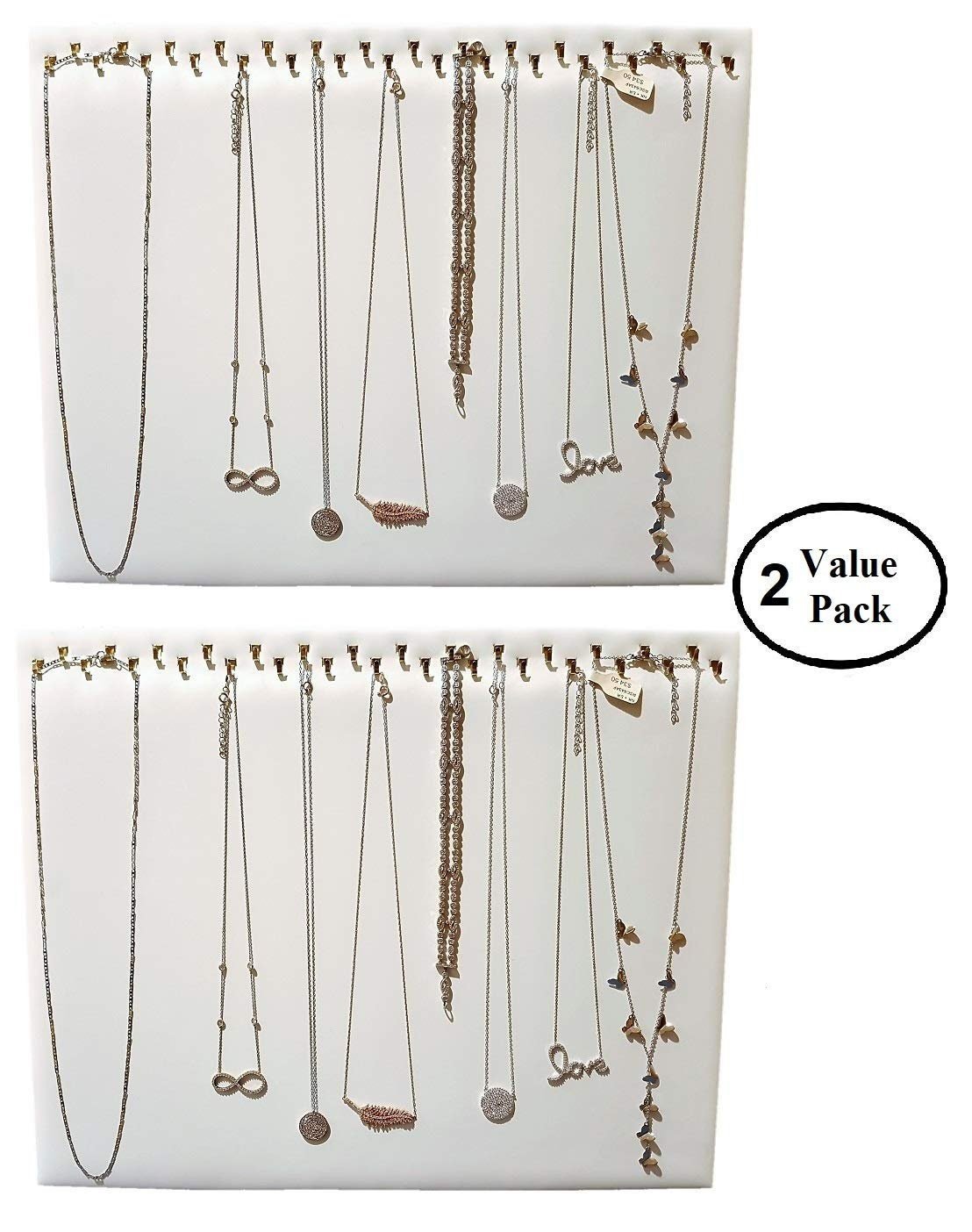 2-Pack 14.5" x 12"H White Leatherette Necklace display pad with 29 Hooks and a self standing easel